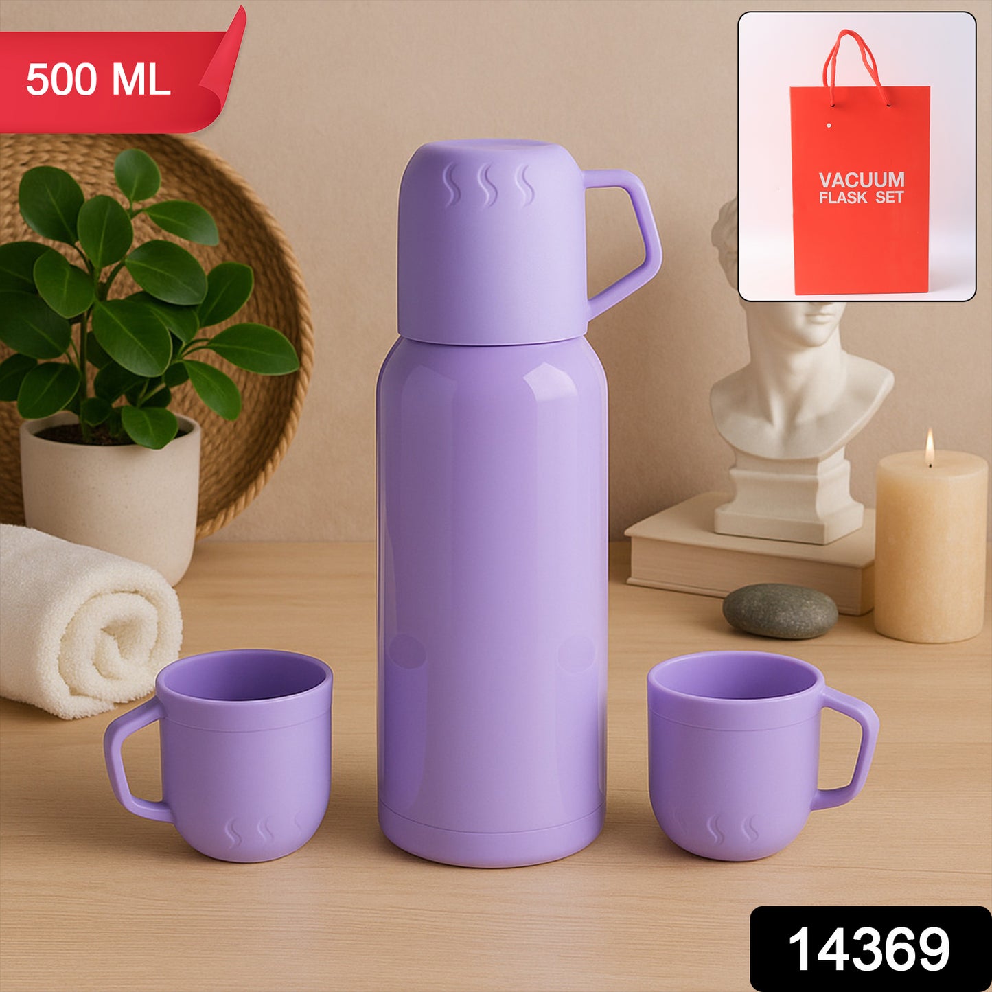 Purple Vacuum Flask Set Stainless Steel Thermos With 3 Cups Approx 500ml
