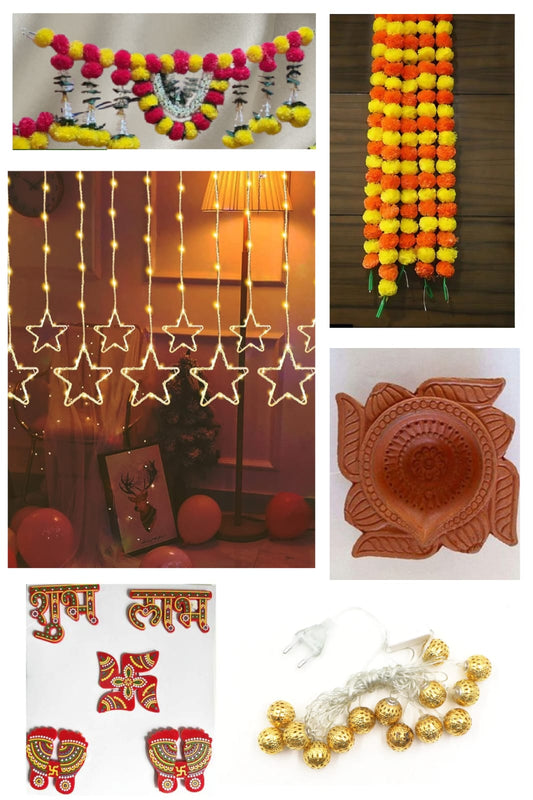 Diwali Combo : 1 Toran, 2 Genda Latkan, 1 Star Light, 24 diya, Shubh Labh Stickers, Golden ball Series