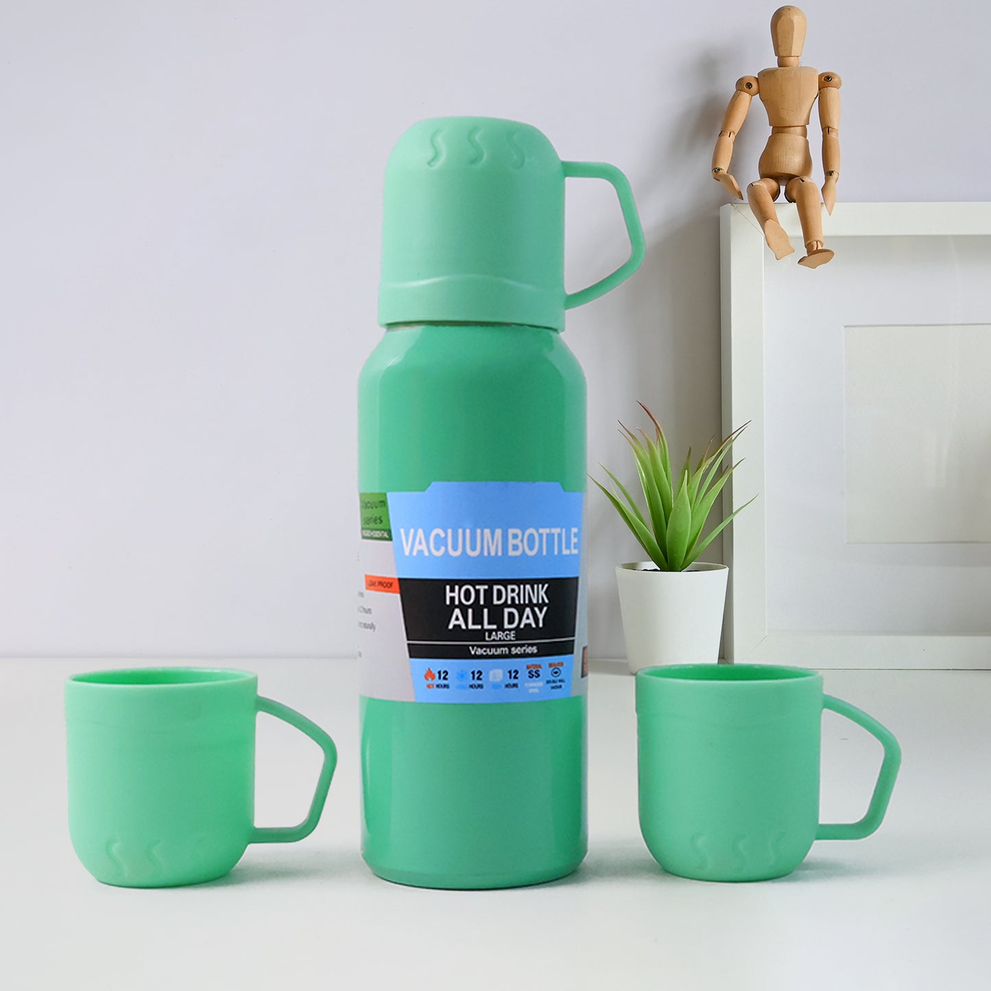 Green Vacuum Flask Set Stainless Steel Thermos With 3 Cups Approx 500ml