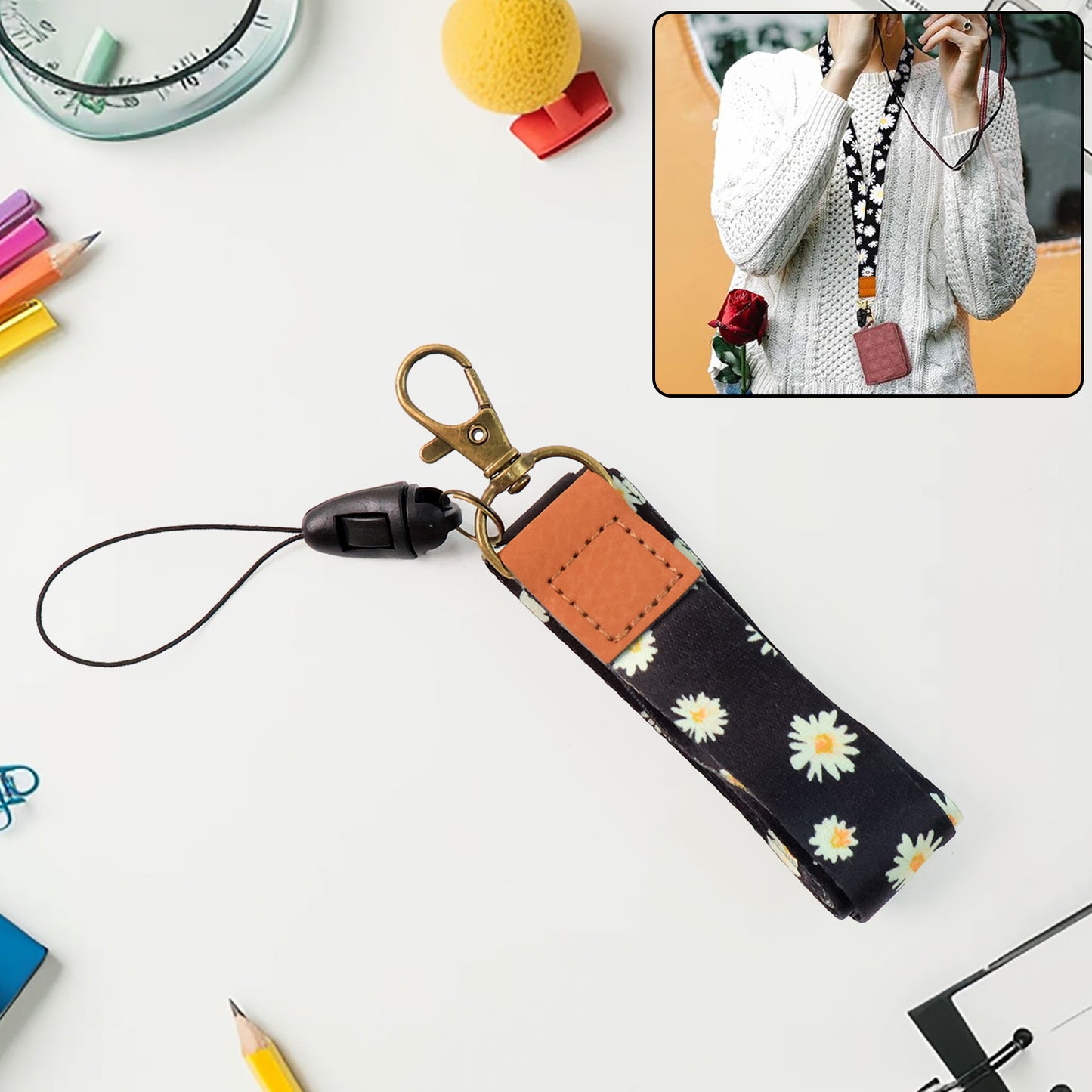 Floral Print Neck Lanyard Strap With Clip Hook Mobile String (1 Pc)