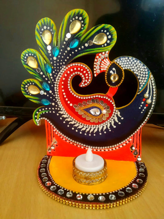 Handcrafted Wooden Peacock Diya Holder