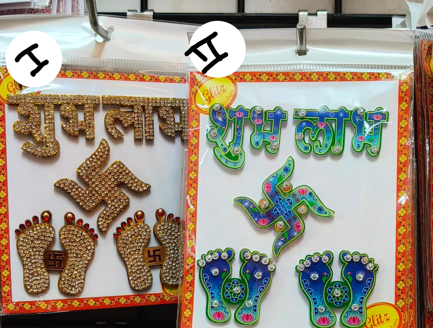 Acrylic Rimestone Studded Shubh Labh, Laxmi Feet and Swastik Sticker for Door Decoration