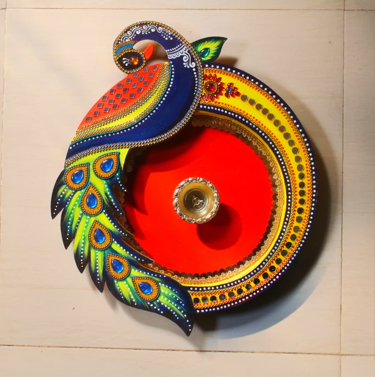 Peacock design Wooden aarti thali