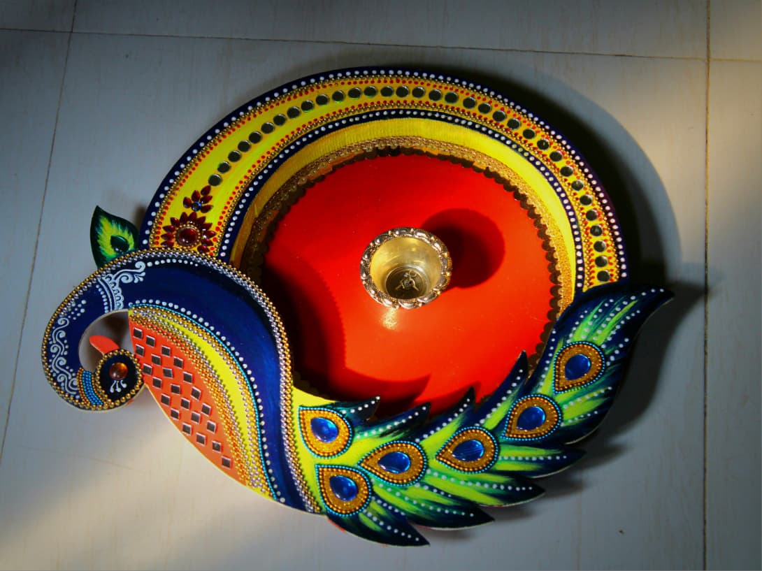 Peacock design Wooden aarti thali