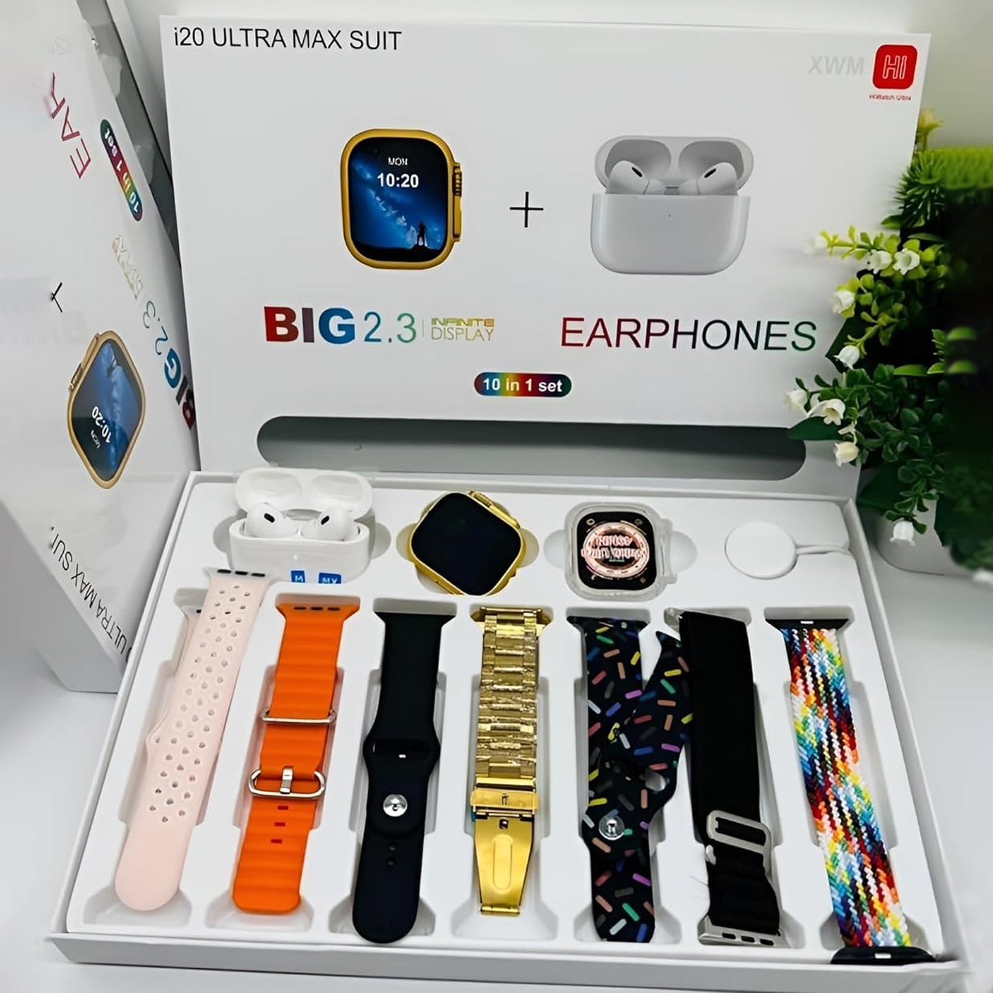 10 In 1 Set Ultra Smart Bluetooth Calling Smartwatch + Earphones With Transparent Screen Guard Watch With Seven Classic Straps (Mix Color)