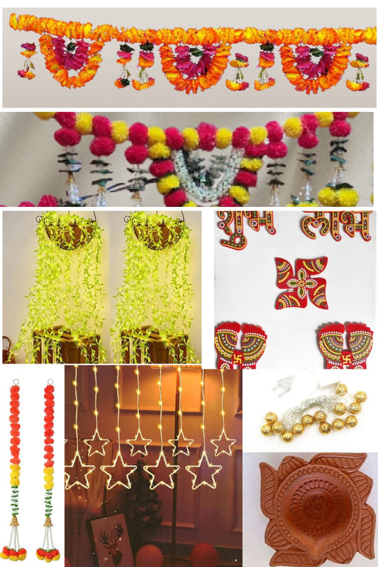 Diwali Combo of 8 Product : 24 Diya, 1 Charan, Shubh Labh, 1 Golden Light,  1 Star Curtain Light, 10 Feet Toran,  1 Normal Size Genda Gate Toran 4 Ghanti Latkan, 1 Warm White Leaft Light