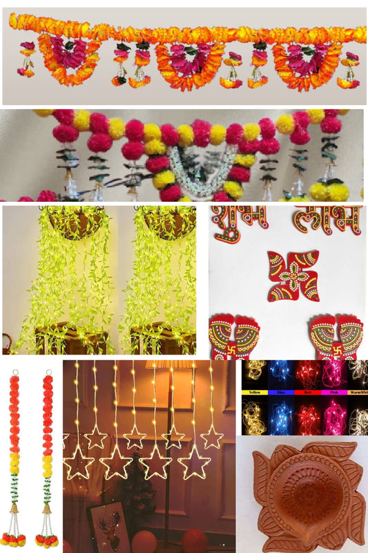 Combo of 8 products :  24 Piece Diya, 1 Charan, Shubh Labh , 2 piece Colourfull Circuit Light, Star Curtain Light, 10 Feet Toran, 2 piece Normal Size Genda Gate Toran, 4 piece Ghanti Latkan,  1 piece Single Colour 10 by 10 Jhalar Water Fall Light