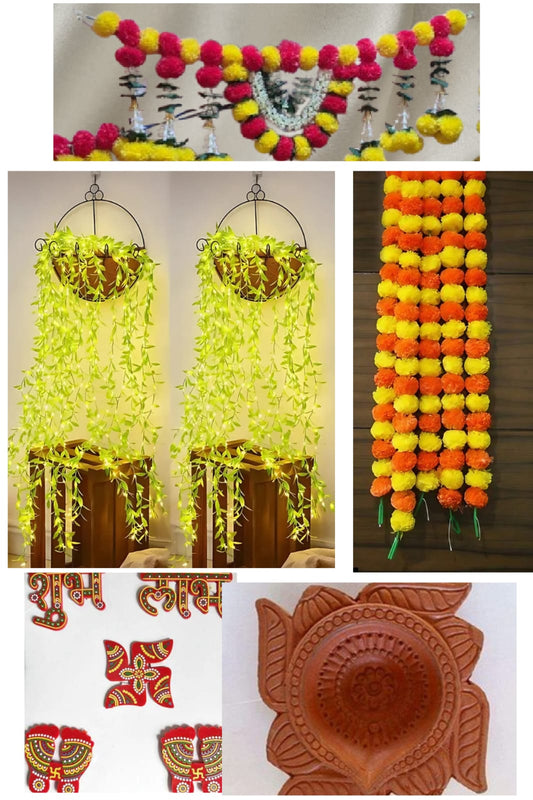 Diwali Combo 12 diya, 1 leaf lights, 4 Genda Latkan, 2 Toran, 1 Shubh Labh, Charan