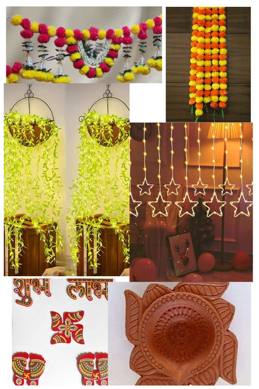 Diwali Combo : 24 diya, 2 leaf lights, 4 Genda Latkan, 1 Star Light, 2 Toran, Swastik, Shubh Labh & Charan