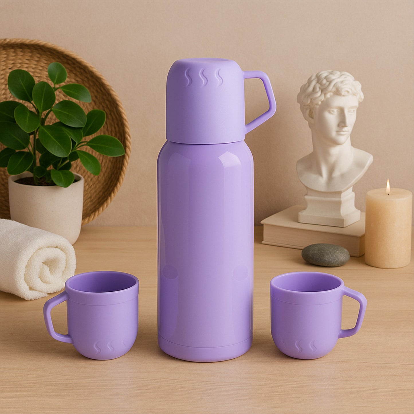 Purple Vacuum Flask Set Stainless Steel Thermos With 3 Cups Approx 500ml