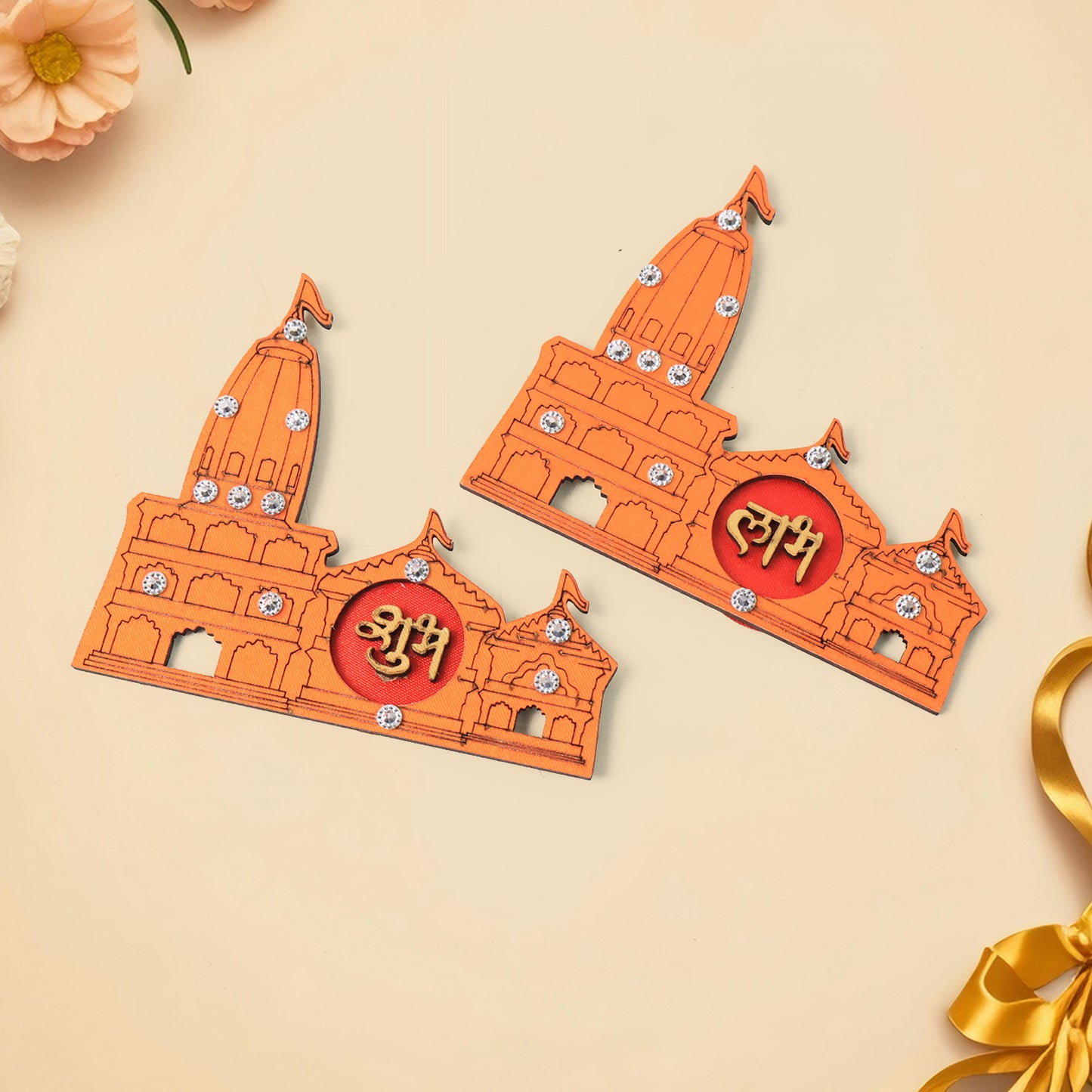 Shubh Labh Ram Temple Mandir Design Decorative Wall Sticker (2 Pc)