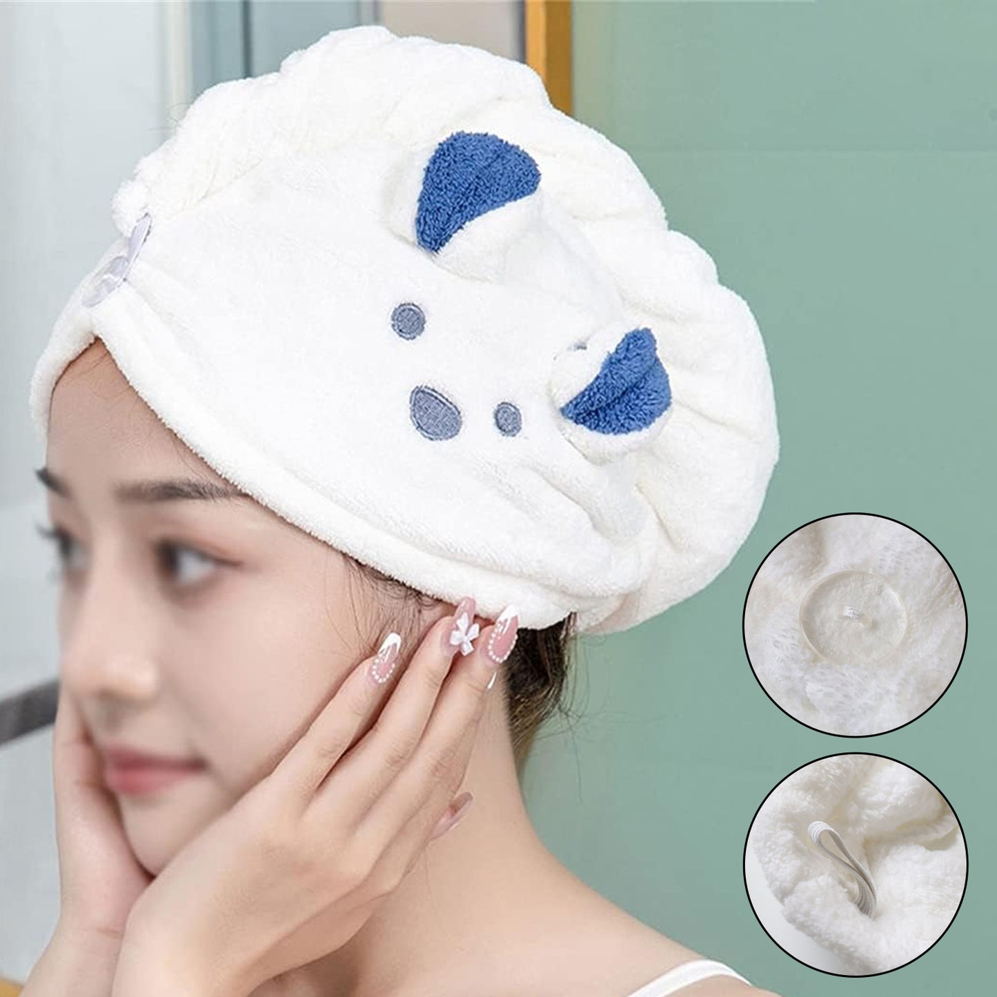 Soft Microfiber Hair Drying Towel Wrap With Cute Animal Ears Button Closure (1 Pc)