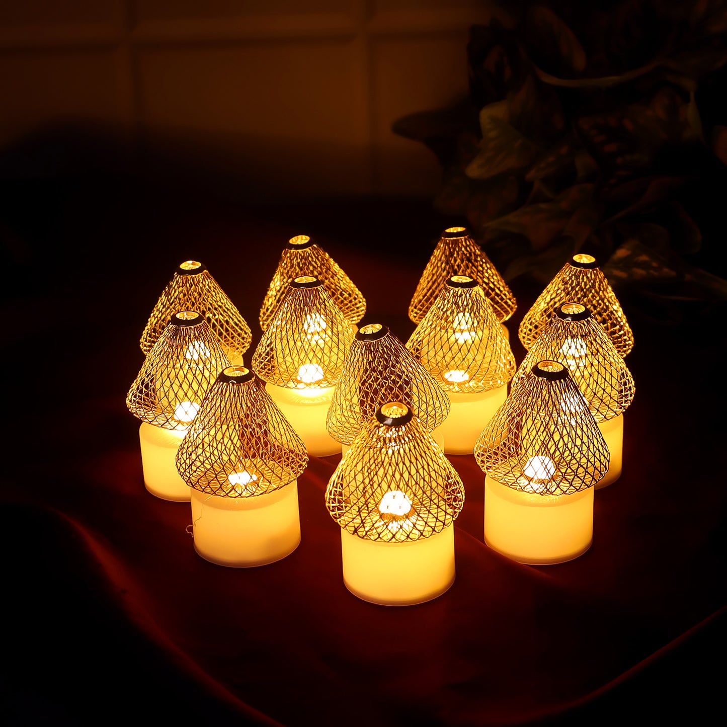 Set Of 12 Decorative Led Flameless Candle Lights With Golden Net Cover