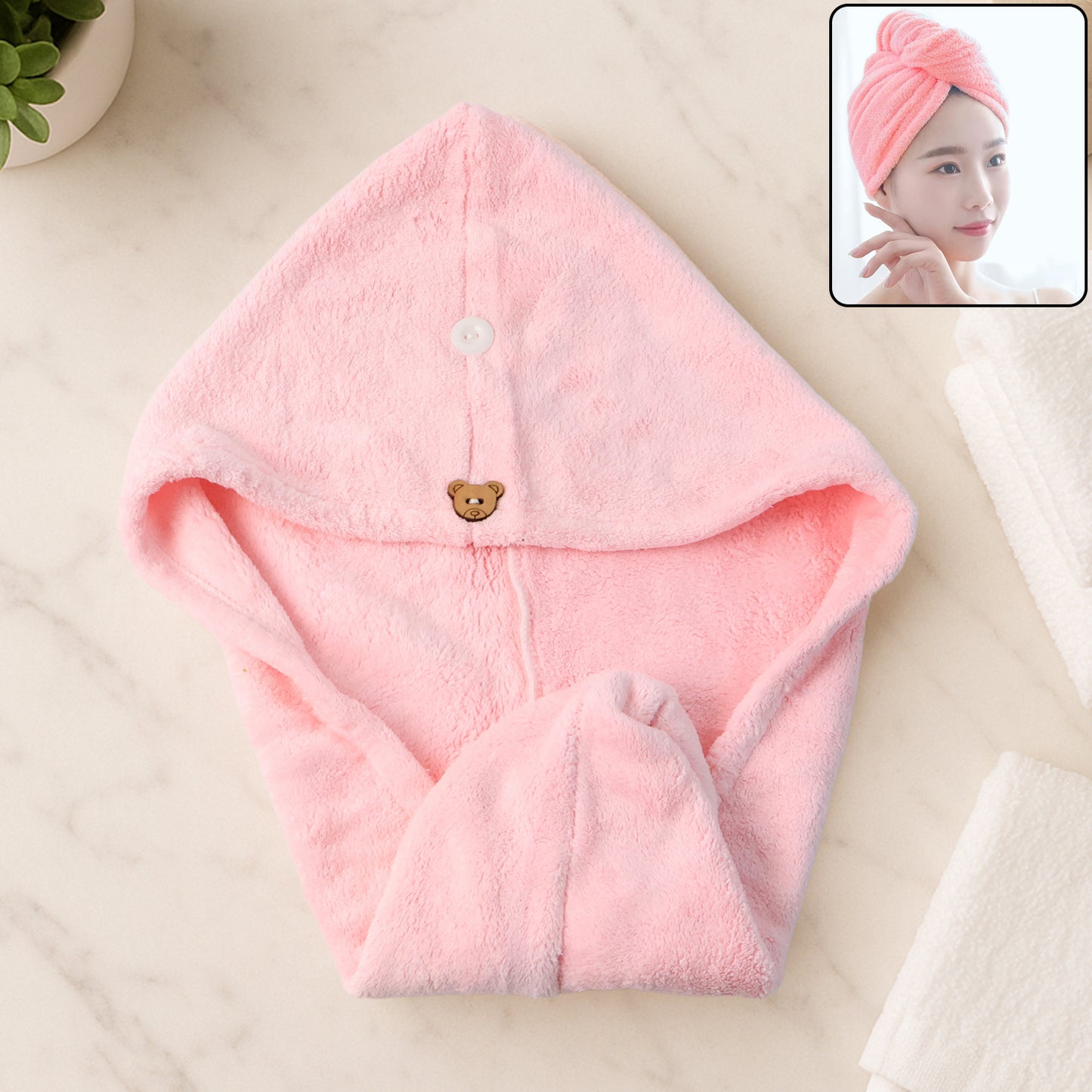 Soft Microfiber Hair Drying Towel Wrap With Cute Teddy Bear Button (1 Pc)