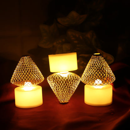 Set Of 12 Decorative Led Flameless Candle Lights With Golden Net Cover