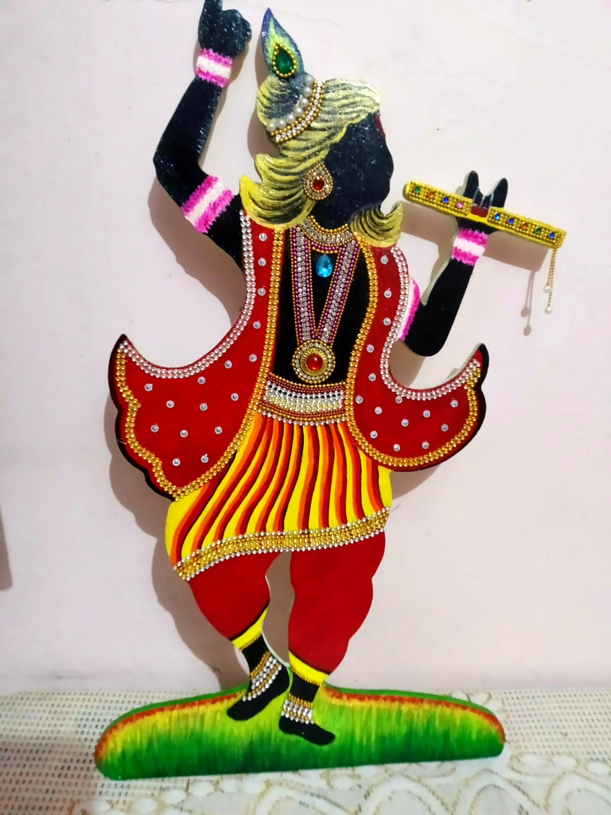 Handcrafted Wooden Krishna Ji Wall Hanging with Mirror & Kundan Work