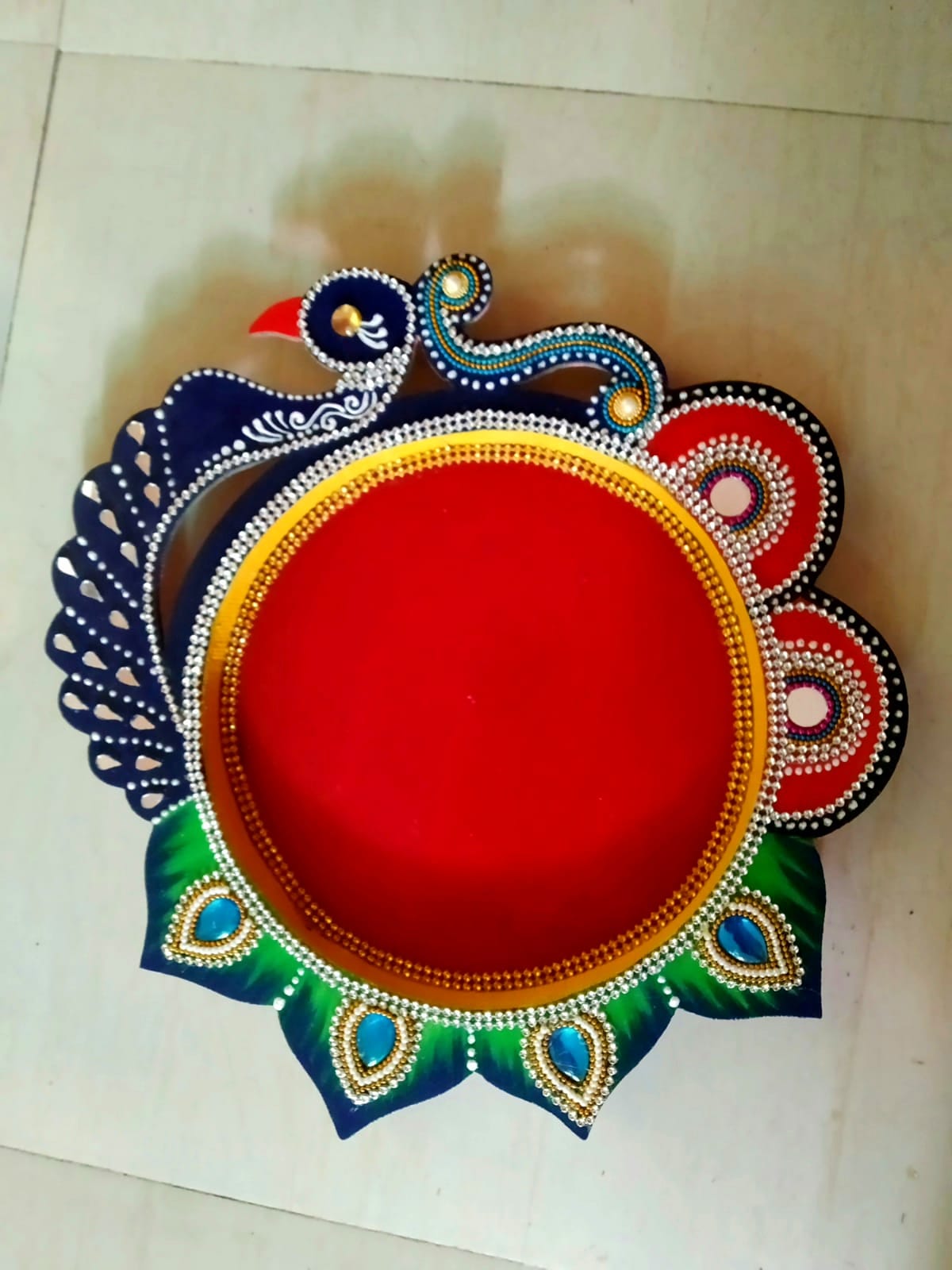 Handmade peacock design  Wooden aarti thali