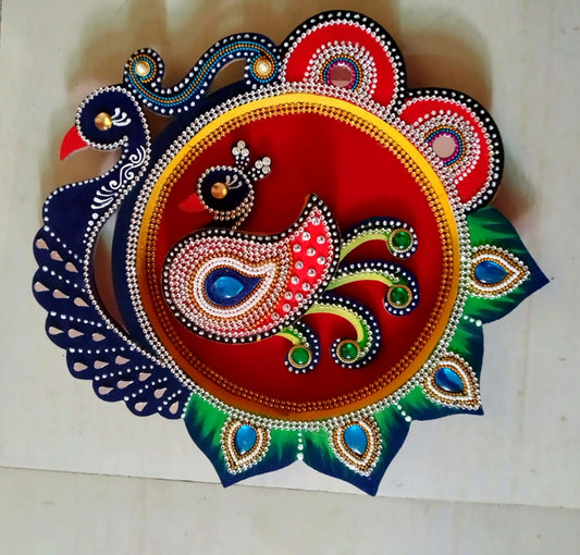 combo of Handmade Peacock design Pooja thali with Roli Chawal (hadli kumkum) container