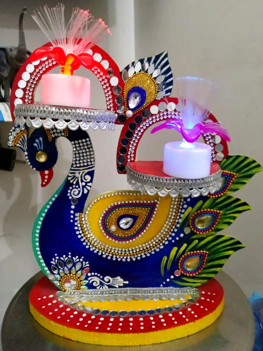 Handcrafted Wooden Peacock Diya Candle Holder