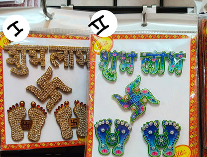 Acrylic Rimestone Studded Shubh Labh, Laxmi Feet and Swastik Sticker for Door Decoration
