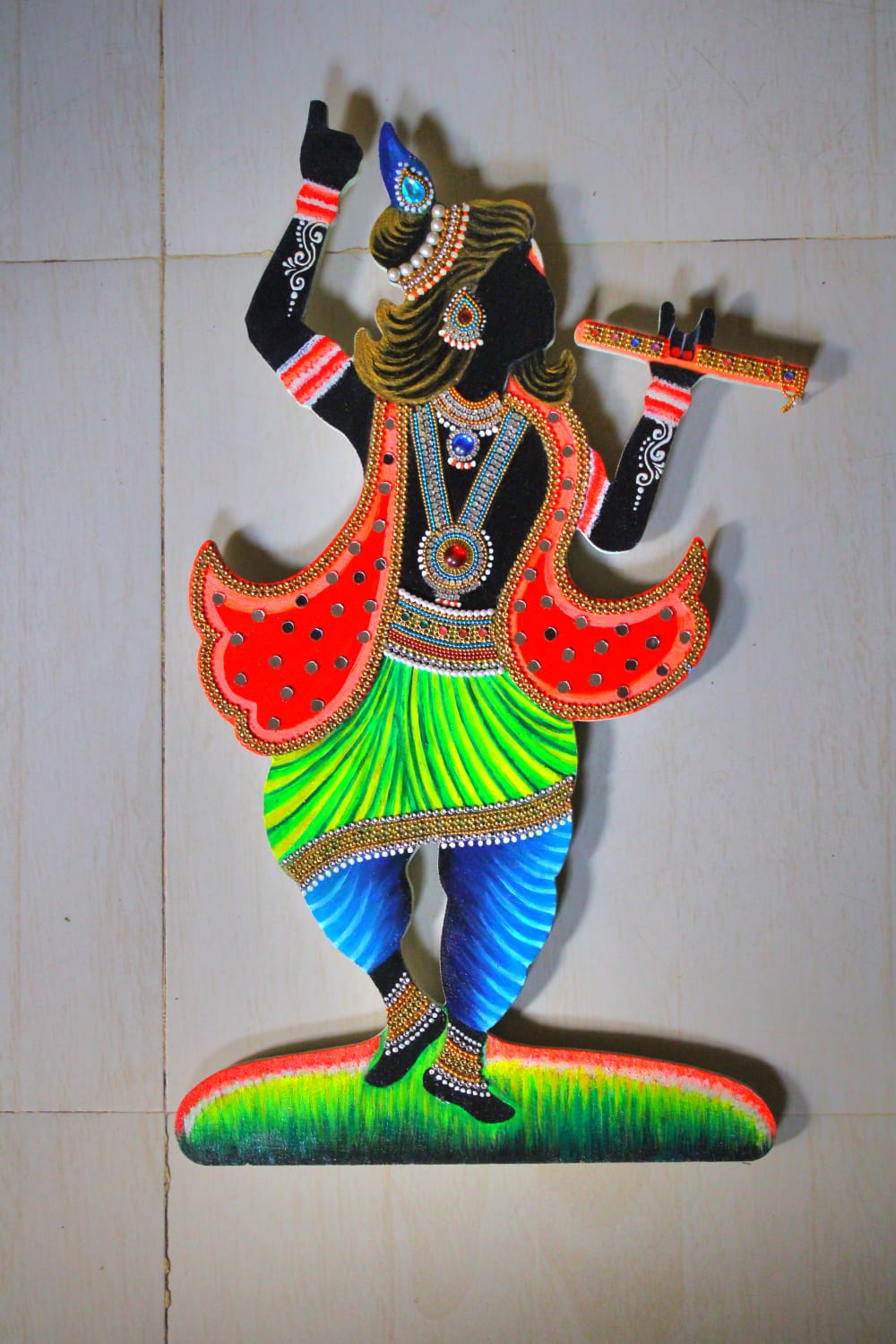 Handcrafted Wooden Krishna Ji Wall Hanging with Mirror & Kundan Work