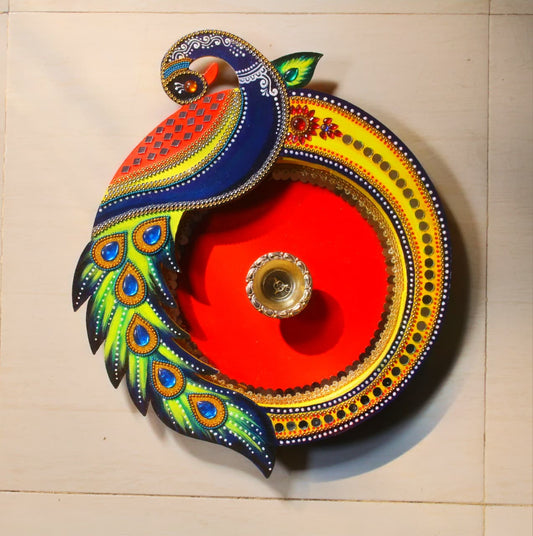 Peacock design Wooden aarti thali