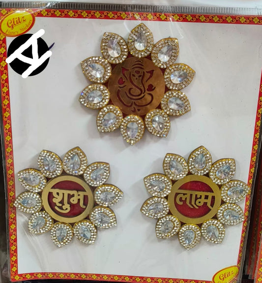 Acrylic Rimestone Studded Shubh Labh, Laxmi Feet and Swastik Sticker for Door Decoration