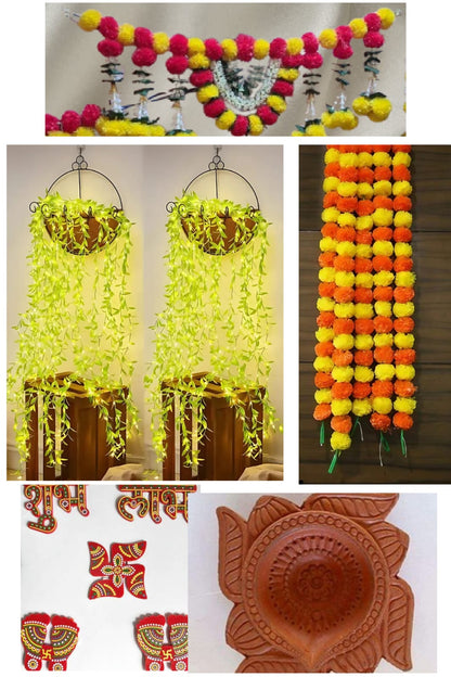 Diwali Combo 12 diya, 1 leaf lights, 4 Genda Latkan, 2 Toran, 1 Shubh Labh, Charan