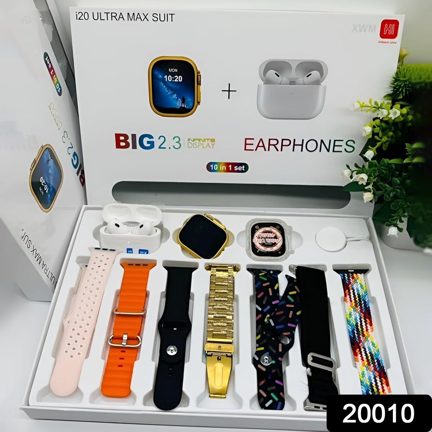 10 In 1 Set Ultra Smart Bluetooth Calling Smartwatch + Earphones With Transparent Screen Guard Watch With Seven Classic Straps (Mix Color)