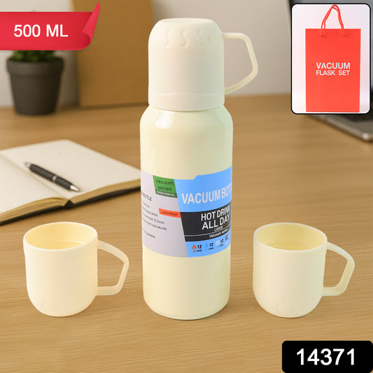 White Vacuum Flask Set  Stainless Steel Thermos With 3 Cups Approx 500ml