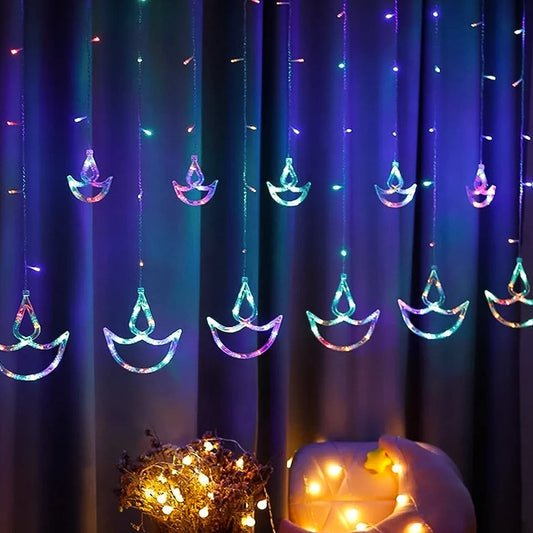 Multicolor 12 Diya Curtain String Lights Window Curtain Lights With 8 Flashing Modes Decoration Light (Multi Color)