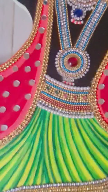 Handcrafted Wooden Krishna Ji Wall Hanging with Mirror & Kundan Work