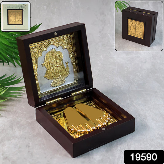 Golden Charan Paduka In Wooden Box